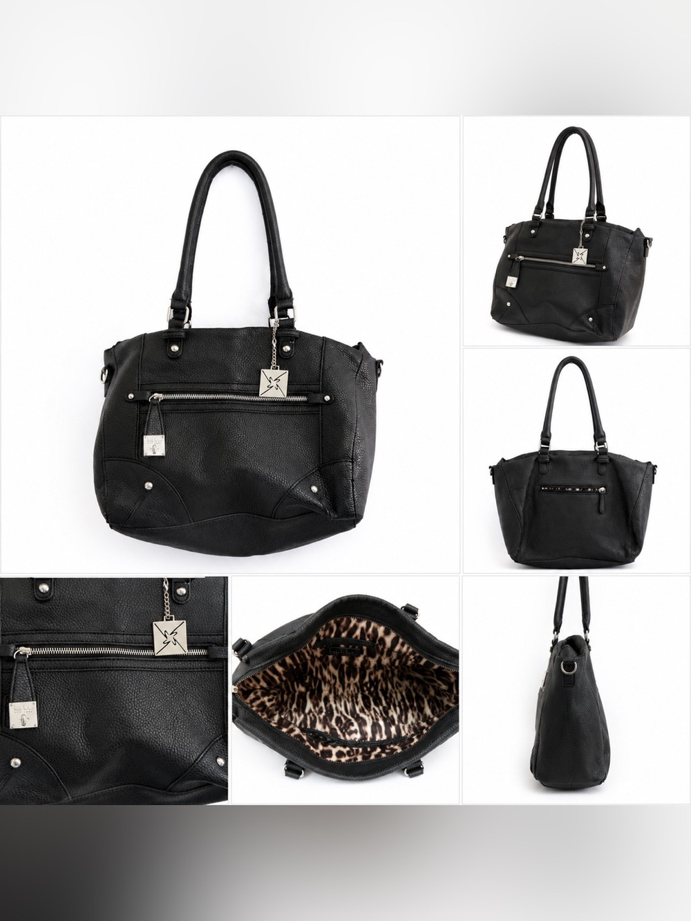 Y2K Black Shoulder Tote Bag Leopard Print Lining Silver Hardware Nicole Miller